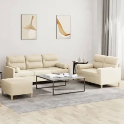 vidaXL sofasæt 3 dele med puder stof cremefarvet
