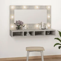 vidaXL spejlskab med LED-lys 90x31,5x62 cm betongrå