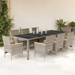 vidaXL spisebordssæt til haven 9dele med hynder polyrattan og glas grå