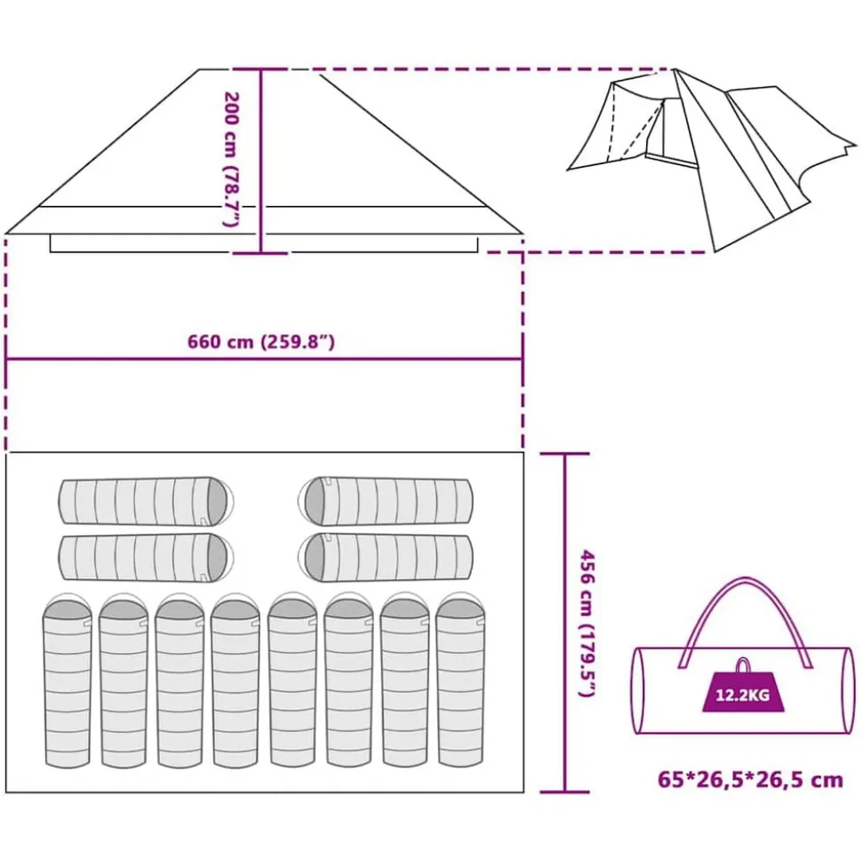 vidaXL Tipi telt med tag med opbevaring Blå 660 x 456 x 200 cm taft