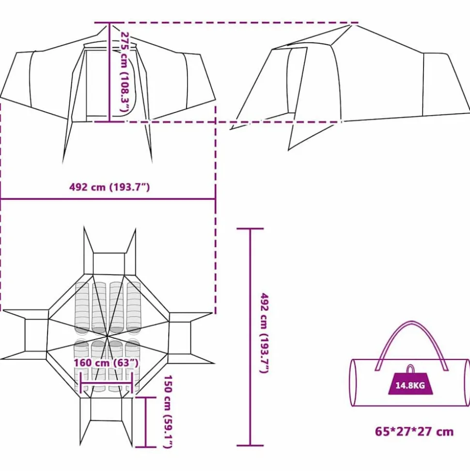 vidaXL Tipi telt med tag Grå og orange 492 x 492 x 275 cm taft