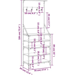 vidaXL tøjstativ med skoopbevaring 70x34x184 cm røget egetræsfarve