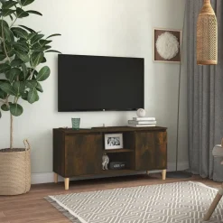 vidaXL tv-bord med massive træben 103,5x35x50 cm røget egetræsfarve