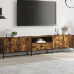 vidaXL tv-bord med skuffe 200x25x44 cm konstrueret træ røget egetræ
