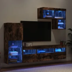 vidaXL tv-møbel til væg 6 dele med LED-lys konstrueret træ røget eg