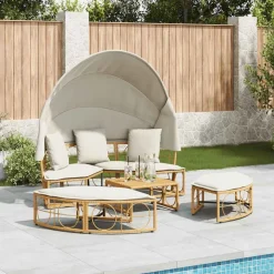 vidaXL udendørs loungeseng med tag og hynder polyrattan