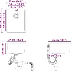 vidaXL Vask Sort 370 x 460 mm 80% Kvarts og 20% Resin