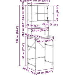 vidaXL Vaskemaskineskab Sort 0ak 68 x 48,5 x 194 cm Konstrueret træ