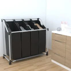 vidaXL vasketøjskurv med 4 poser sort grå