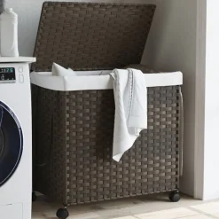 vidaXL vasketøjskurv med hjul 60x35x60,5 cm rattan mørkebrun