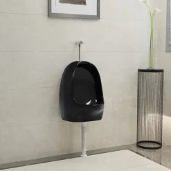 vidaXL væghængt urinal med skylleventil keramisk sort