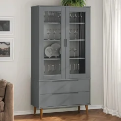 vidaXL vitrineskab MOLDE 90x35x175 cm massivt fyrretræ grå