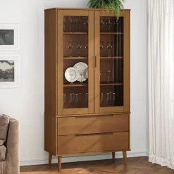 vidaXL vitrineskab MOLDE 90x35x175 cm massivt fyrretræ brun