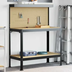 vidaXL Værksted med hylde Sort 114 x 54 x 145 cm Samlet træ og metal
